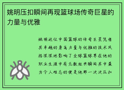 姚明压扣瞬间再现篮球场传奇巨星的力量与优雅